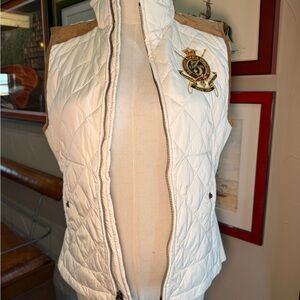 Ralph Lauren White Quilted Vest with Crest and Tan Shoulder Accents
